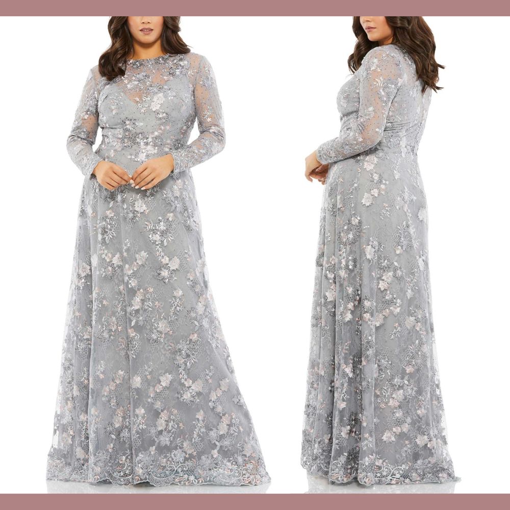 Nwt Mac Duggal [ 18w ] 67923 Embellished Illusion Long Sleeve A Line Gown Platin